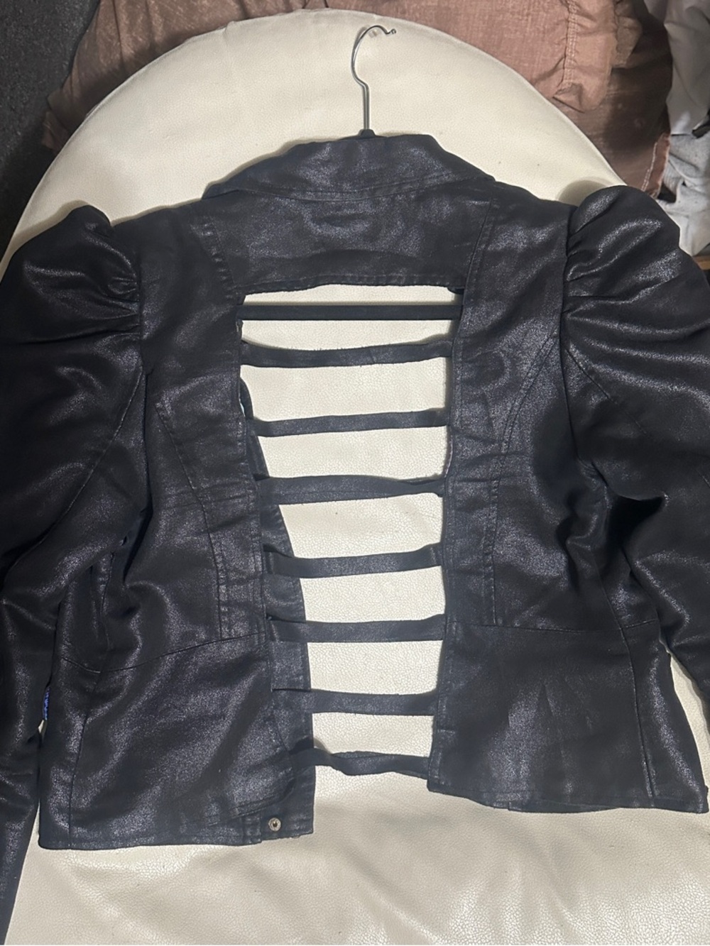 Womens Black Faux Leather backless Moto Jacket 8/medium